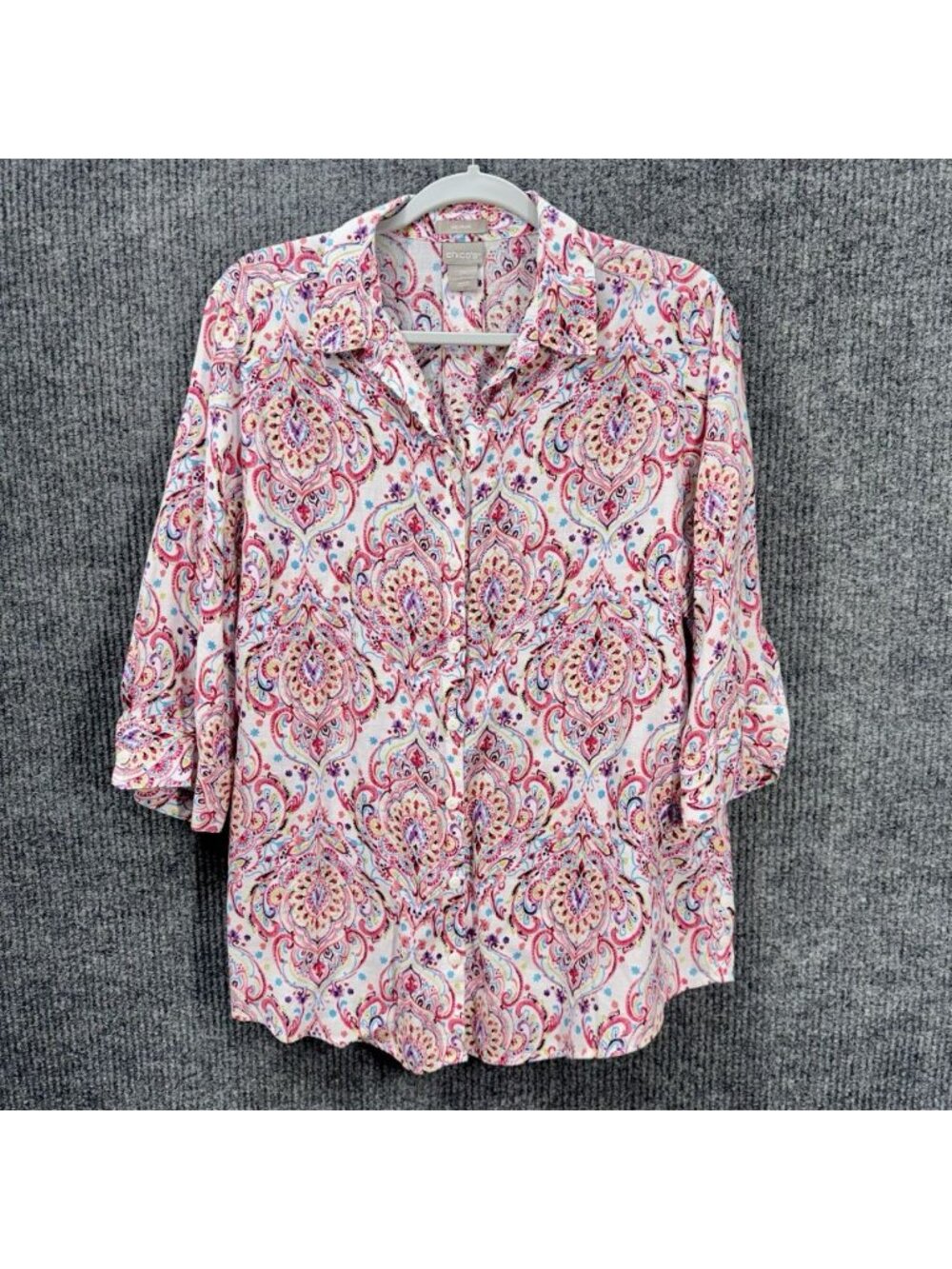 Chicos Linen No Iron Top Size 2P/LP Pink Damask Paisley Button Front 3/4 Sleeve - Picture 1 of 10
